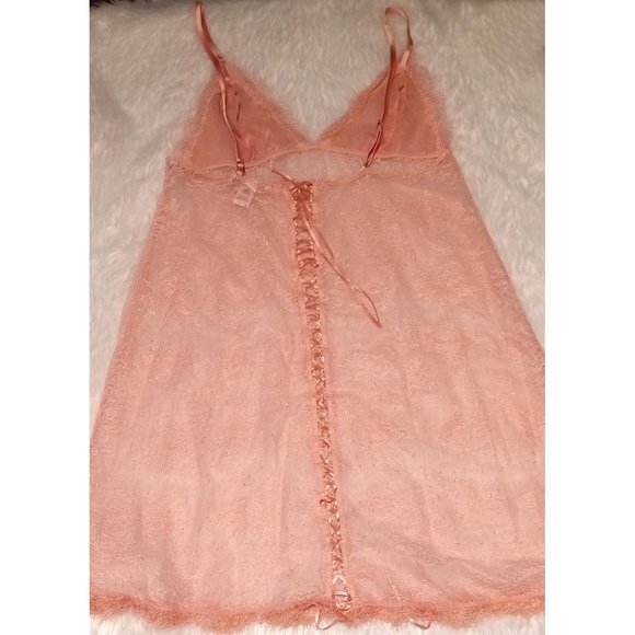 Victoria's Secret Peach/Pink Corset Back Lace Sheer Metallic Chemise Sz M - Picture 4 of 5